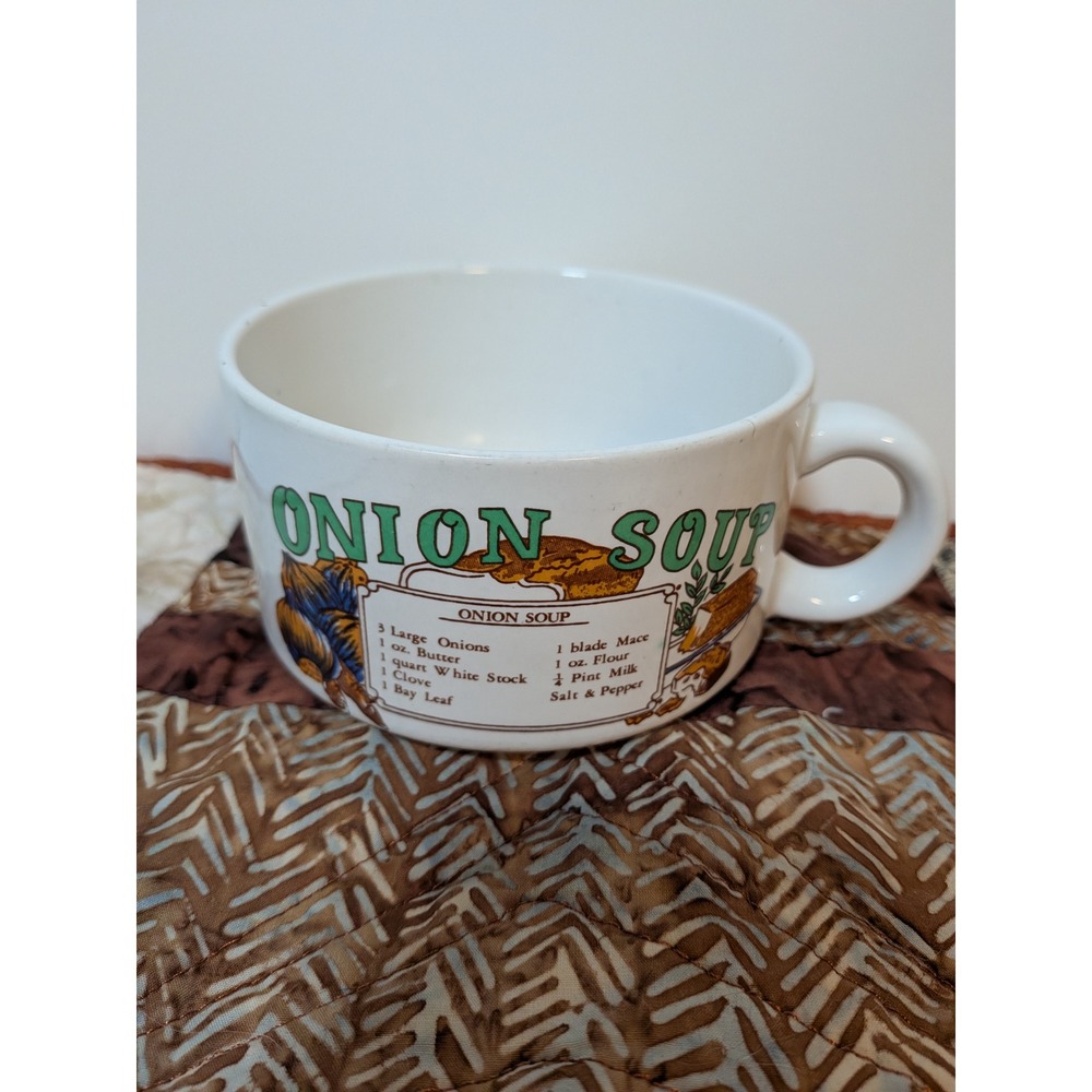 Vintage Ceramic Onion Soup Recipe Mug Large Oversized Bowl with Handle White